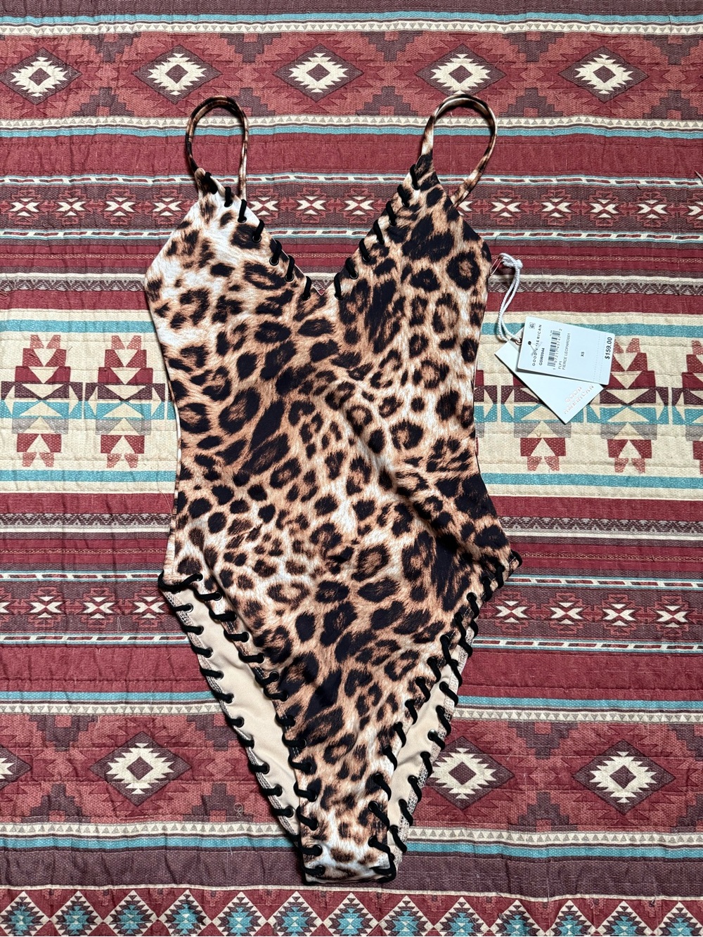 Good American Leopard One-Piece Swimsuit with Black Lace-Up Trim